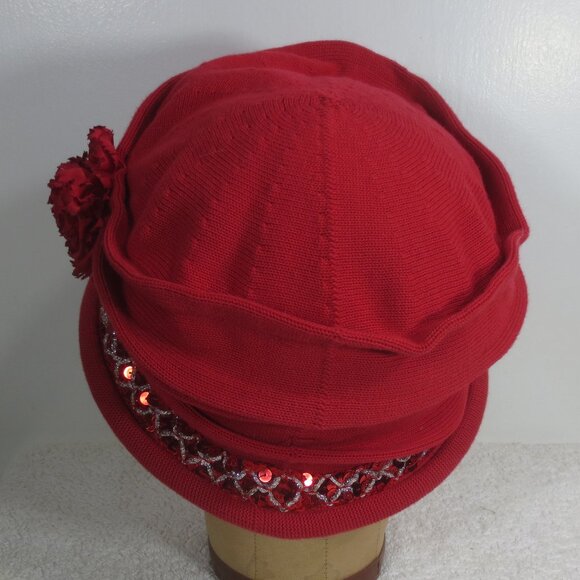 Parkhurst Hat Red Vintage Ladies Sequin Slouchy Cotton Knit Flower Size 7 3/8